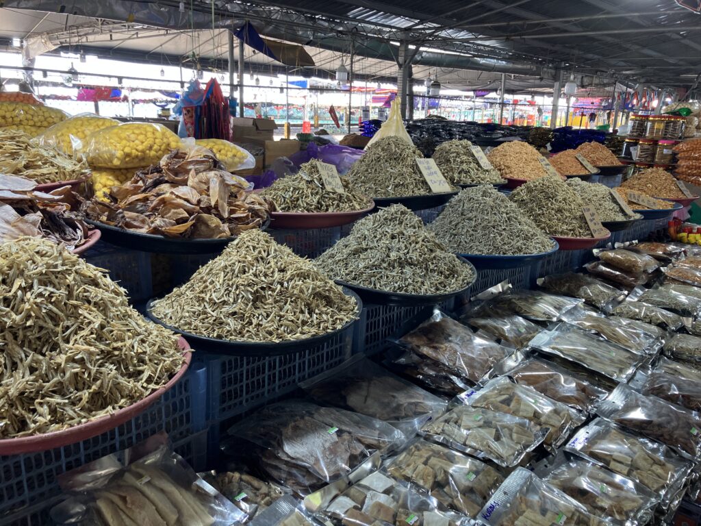 Dried fish, shrimps and squids (and other unknown stuff) at KK market hall