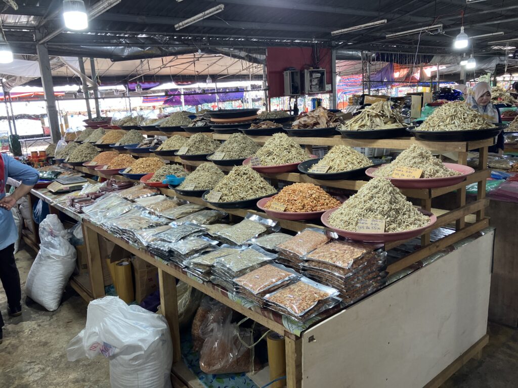 Dried fish, shrimps and squids (and other unknown stuff) at KK market hall